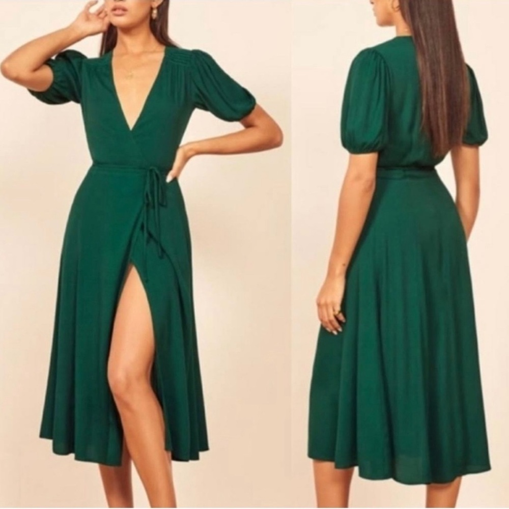 Reformation | Emerald Green Augustina Plunge Neck Dress Sz XS